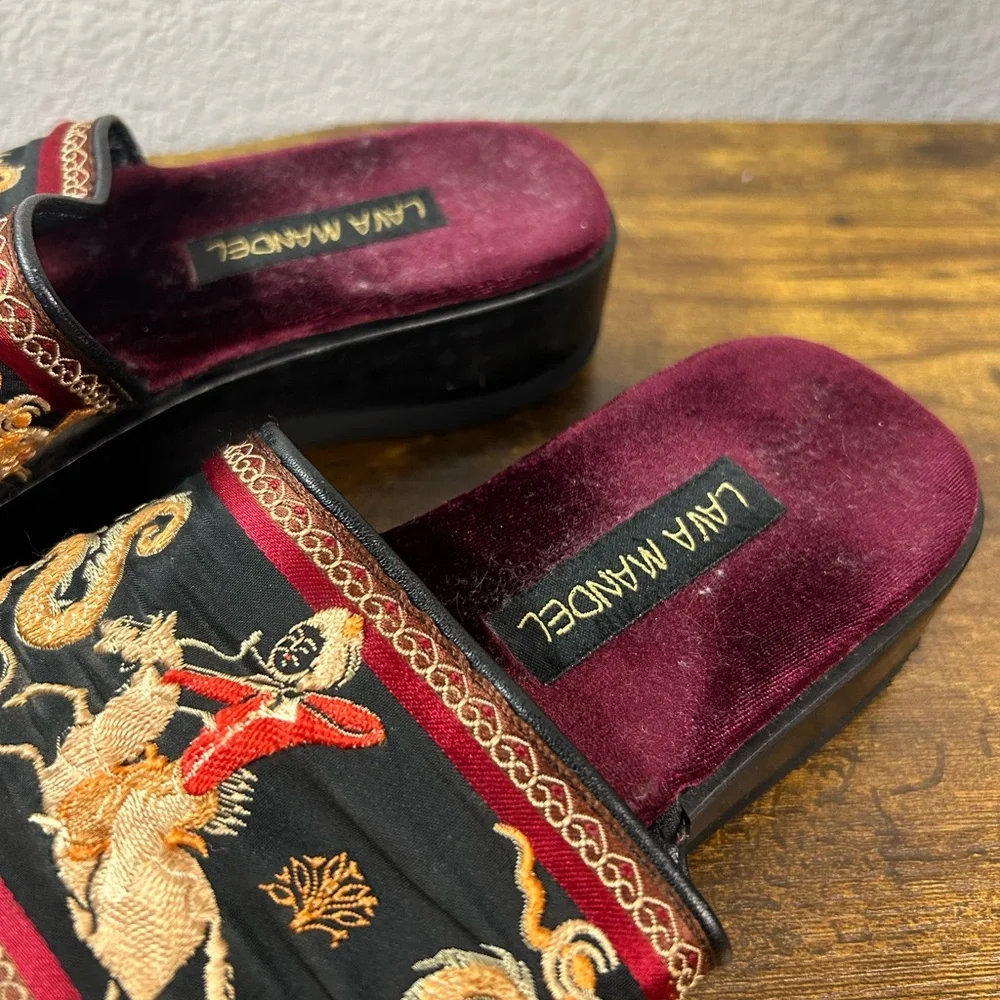 Burgundy Velvet Embroidered Slide Sandals